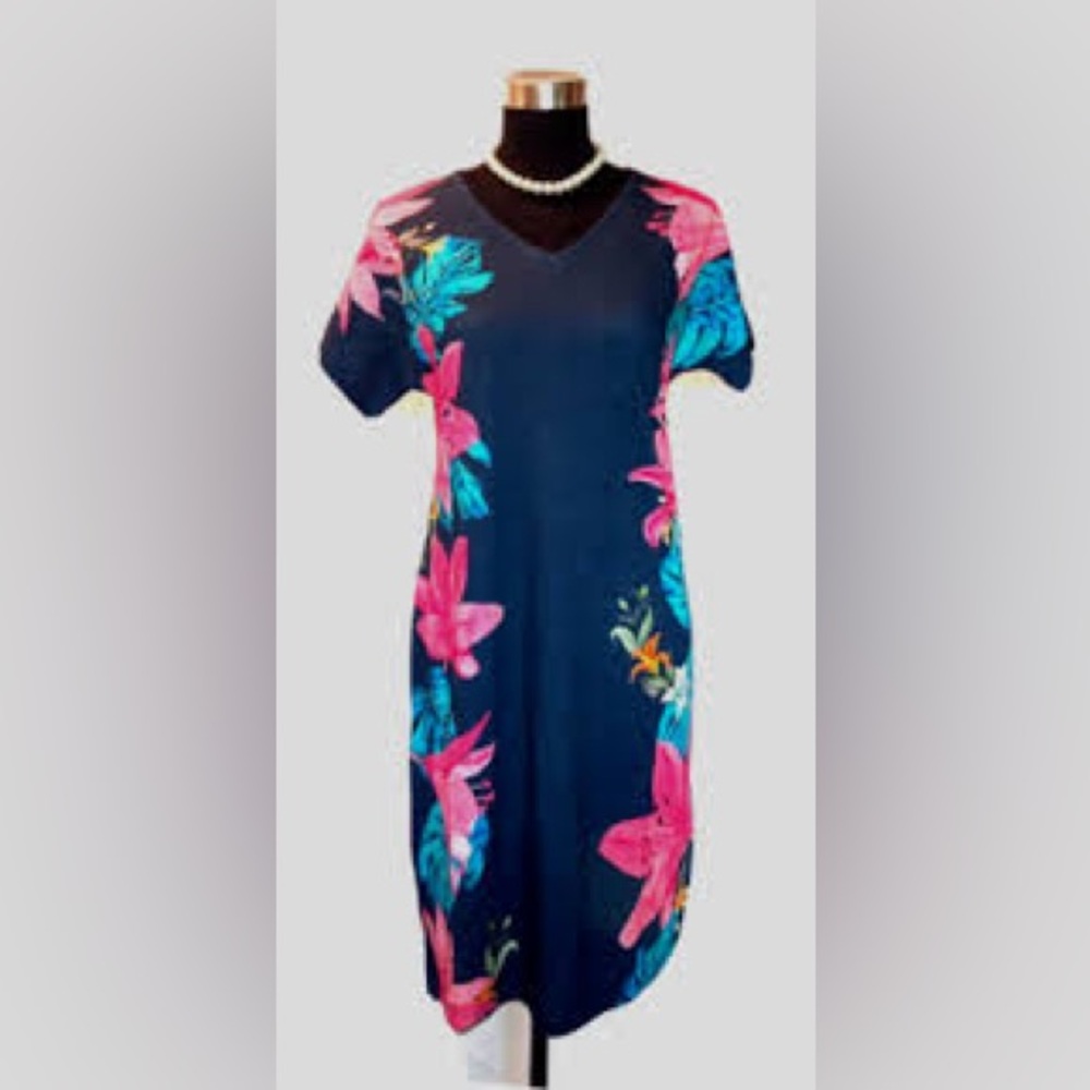 NWT CHICO’S Blue Floral Short Sleeve Beaded Dress Size Large (2) - Picture 1 of 9